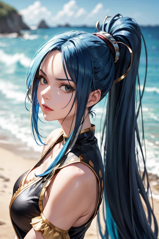 (full-length portrait),(pirate costume),a close up of a woman with a very long hair,(high ponytail), (blue color hair) ,near the ocean, detailed digital anime art, photorealistic anime girl render, extremely detailed artgerm, ig model artgerm, realistic anime 3 d style, realistic anime artstyle, artgerm. high detail, anime style 4 k, nico robin