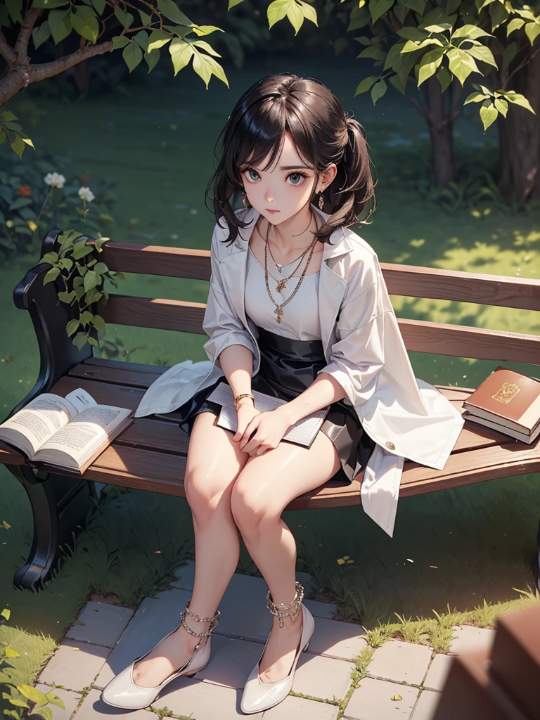 ((Biologically correct limb count))、((Full Body Shot, Full-body photo including face、Head to toe photos))、4K、masterpiece、((Focus on the face))、((Symmetrical facial features))、Eyes of meticulous depiction、One beautiful woman、Excellent style、（(Shiny black stockings、Shiny flared skirt、white leather jacket、High heels with anklets)）、Detailed Description、Small earrings、necklace、((In the early morning park, he is sitting on a bench with a book in his hands and looking up))、Close-up photo of the whole body、Panty shot、Focus on the face、Low angle photo