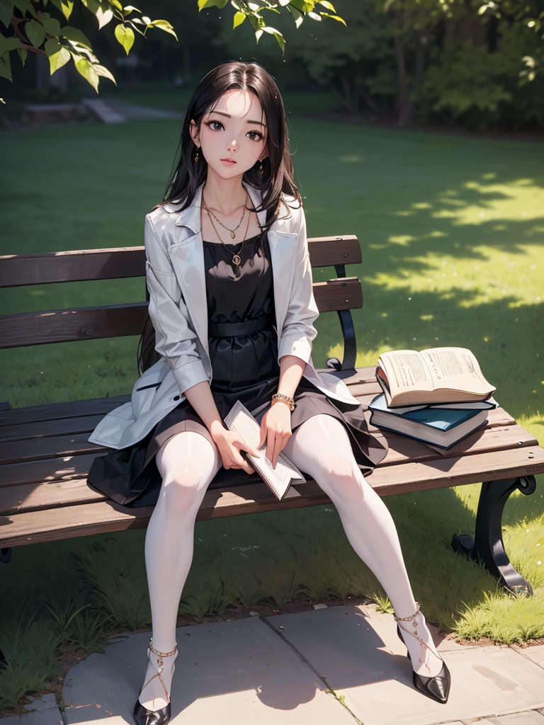 ((Biologically correct limb count))、((Full Body Shot, Full-body photo including face、Head to toe photos))、4K、masterpiece、((Focus on the face))、((Symmetrical facial features))、Eyes of meticulous depiction、One beautiful woman、Excellent style、((Shiny black stockings、Shiny flared skirt、white leather jacket、High heels with anklets))、Detailed Description、Small earrings、necklace、((In the early morning park, he is sitting on a bench with a book in his hands and looking up))、Close-up photo of the whole body、Panty shot、Focus on the face、Low angle photo
