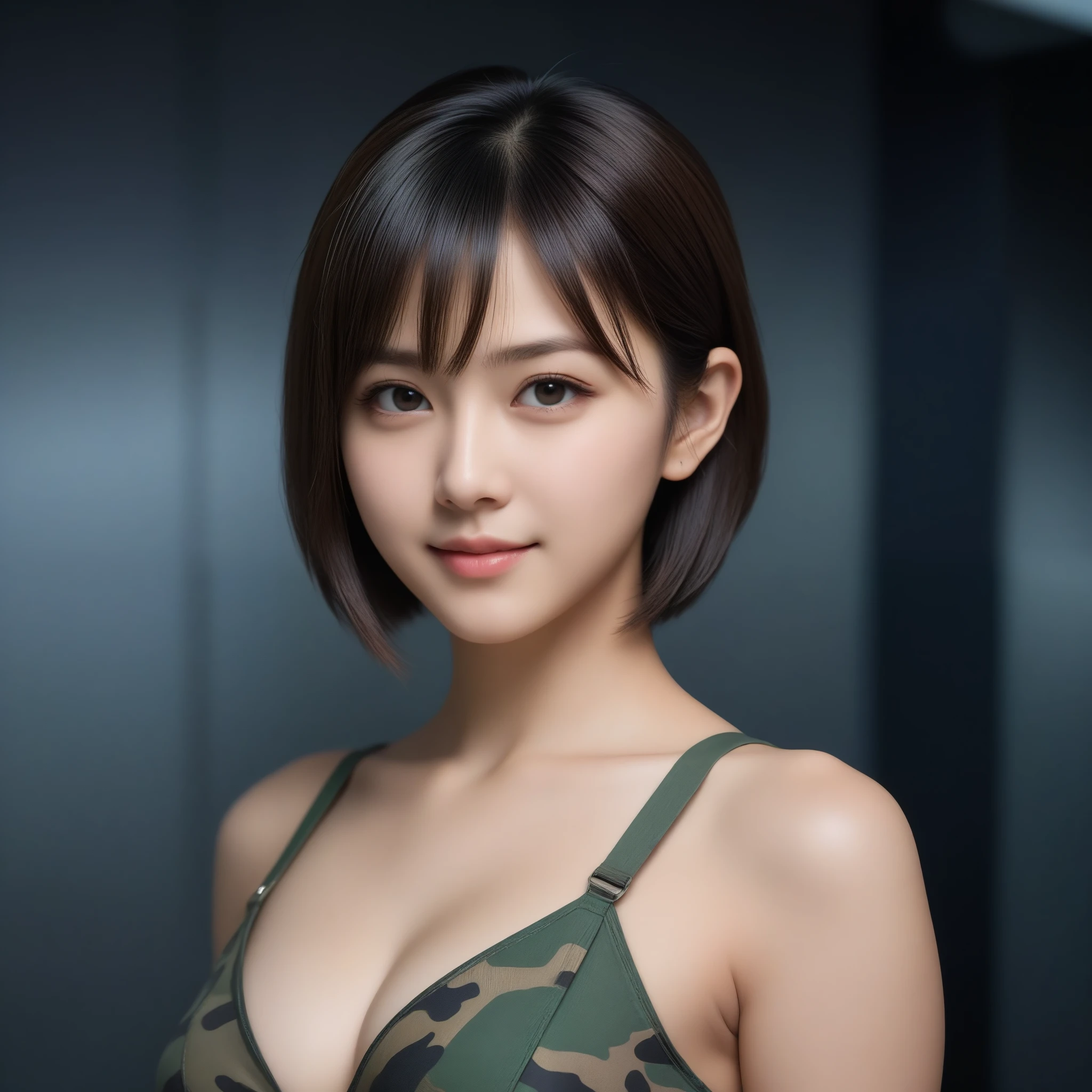 8k, Ultra-high resolution, Highest quality, masterpiece, 三分割法によるphotograph,Surreal, photograph, 1 Girl, (:1.3), pretty girl, Cute Face, Beautiful eyes in every detail, 細かくdetailedに,masterpiece,One Girl:1.2,Japan Female Teachers,extream close up,light smile,Black short hair,Bob with bangs,The World of Metal Gear Solid,(印象派の美しい少女のPortraiture),(Impressionist light and colour), (next generation special forces:1.3),(Warrior,Camouflage,Beautiful dark eyes, So cute and beautiful,16 years old0.8),Sharp contours,Looking down, (High-tech special forces), ((Nuclear aircraft carrier)),indoor, Light from above, Low contrast, (Side view),, Perfect and beautiful face ,完璧でCute Face, Skin with attention to detail, Perfect limbs、Narrow waist,Looking at the audience,(((Ideal body type))),A cup small breasts :2,Portraiture:2,Perfect Anatomy,鮮明なdetailed,detailed,Surreal,Light and shadow,glowing