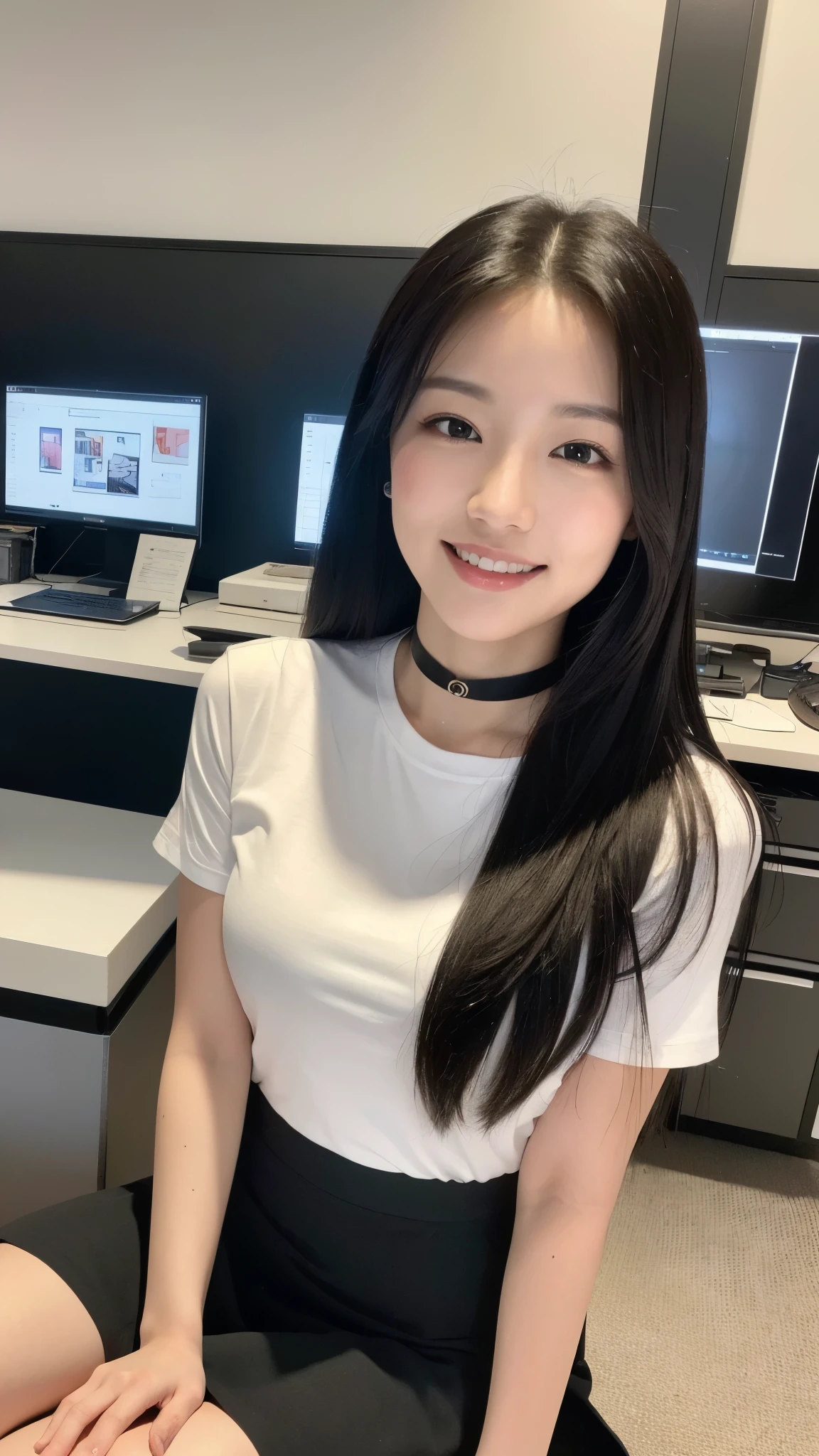 (Highest quality, 8k, 32K, masterpiece, Ultra-high resolution:1.2),Beautiful Japanese Women Photos, One Girl,Long Black Hair,smile,shirt.skirt,office,choker,Sitting with legs crossed