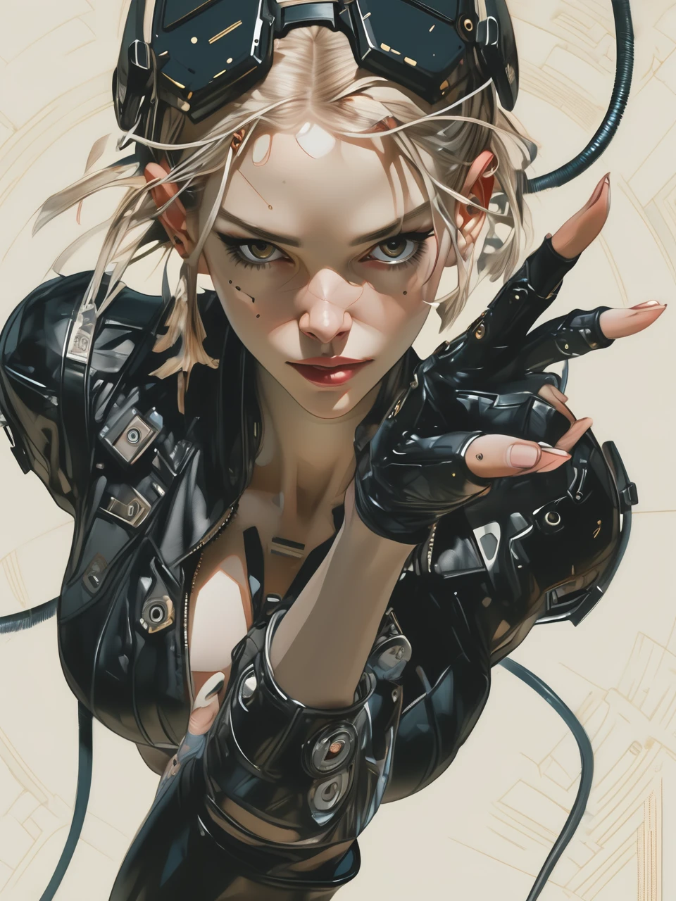 Sexy ninja girl crawling across the floor, with mouse ears silvery white hair, with a katana, and jutsu hand sign