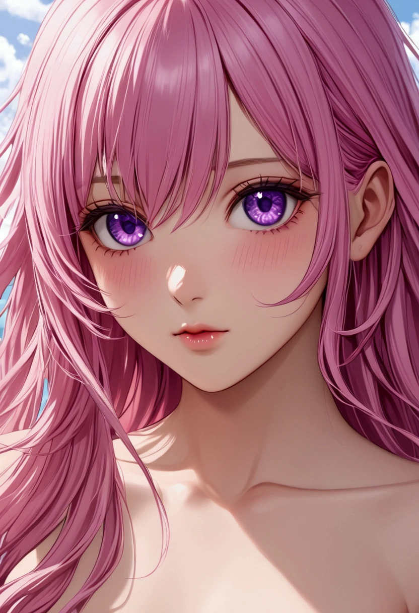 Long pink hair , purple eyes,,detailed hair, detailed eyes,detailed body, best quality, high resolution, 8k