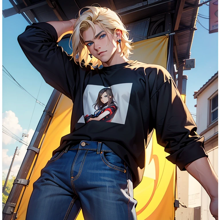 ((masterpiece)), (((best quality))), solo, 1 male, pale white skin, very light blonde hair, medium hair, bob hair style, straight hair, handsome young man, blue eyes, lean, tall, slender, t-shirt, jeans, simple earrings, highest quality, highly detailed, original, high resolution CG Unit 8k wallpaper, (best quality, artwork, masterpiece, 4k)