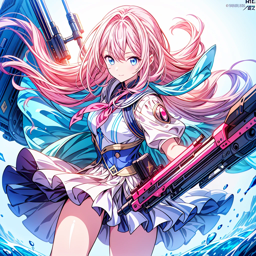 One girl、[17277fbe68],He threatened Hideo.、high quality、Maximum details、(((最high quality、masterpiece、Official Art、Best dynamic composition)))、(Thin Hair)、(Tabletop, 最high quality), Very detailed, Anime Style, whole body, Cyberpunk Girl, Gripping a high-tech rifle, Milky white and pink hair, Sparkling blue eyes, Wearing a magical girl costume , 8K high resolution, Trend Art Station, White Background, Standing in the Wilderness, whole body,