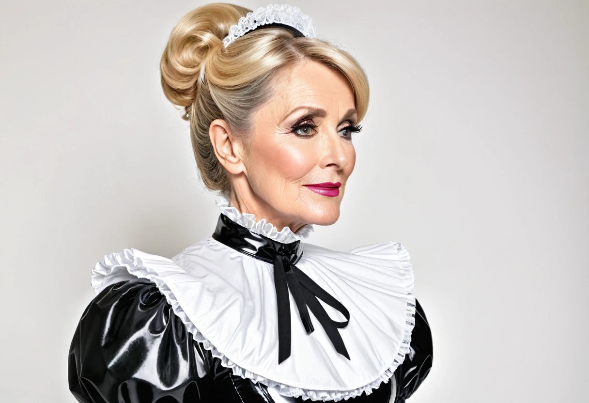 spectacularly beautiful 55 yo friendly blonde with elegant makeup and extremely narrow waist wearing a Victorian chambermaid uniform in black pvc. tight bodice, high neckline, tall collar, massive crinoline and puff sleeves. oblique view from behind. white background