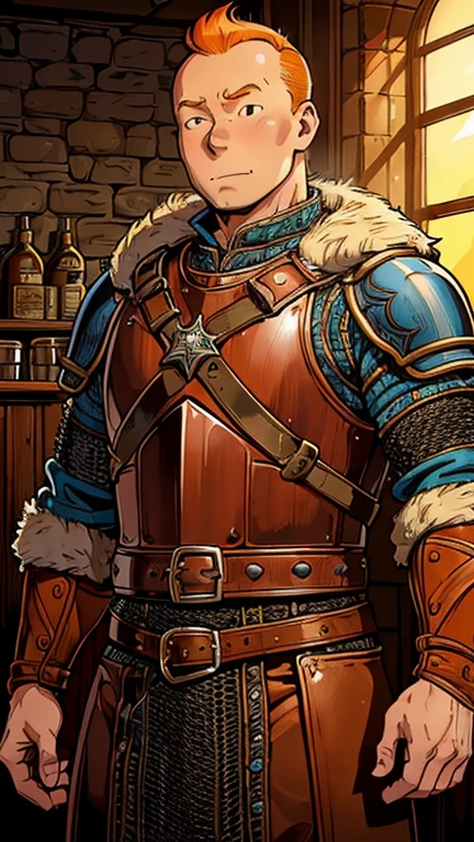 (1man, Tintin,1boy), (extremely detailed CG unit 8k wallpaper),(master part), (best quality), (ultra detail), (best illustration),(style Dan Mumford), cowboy shot,(Sharp eyeliner, ombre, detailed eyes:1),Dark Medieval tavern interiors background,break,(VikAr),upper body,short hair,orange hair, armor, leather armor, chainmail, fur,