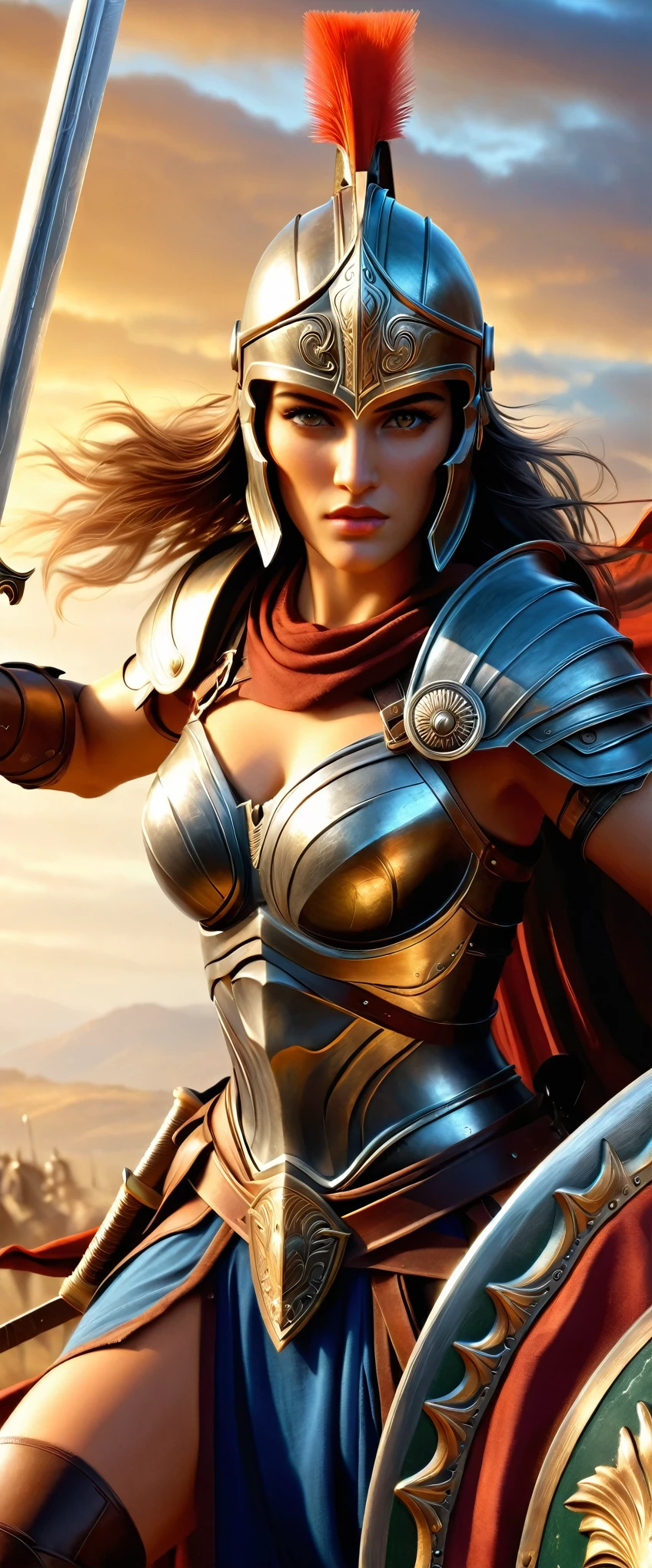 masterpiece,Highest quality,(Highly detailed CG Unity 8k wallpaper),(Highest quality),(Best illustrations),(Best Shadow),Realistic lighting,Beautiful sparkle,PeterMohrBacher,(1 female:1.6),Ancient Greeks,(((Spartan female warrior))),(Beautiful Face,Brave face,Beautiful Eyes,Beautiful Hair),(Muscular),Spartan helmet,Spartan Armor,(Holding sword and shield:1.6),(Raise your sword-holding hand high into the air:1.6),(Holding a Spartan shield:1.6),(Sword and shield:1.6),(roar:1.6),(Beautiful Hands:1.6),(Detailed hands:1.6),(((Hand,detailed,perfect,perfection,hands))),(dynamic),(action shot)