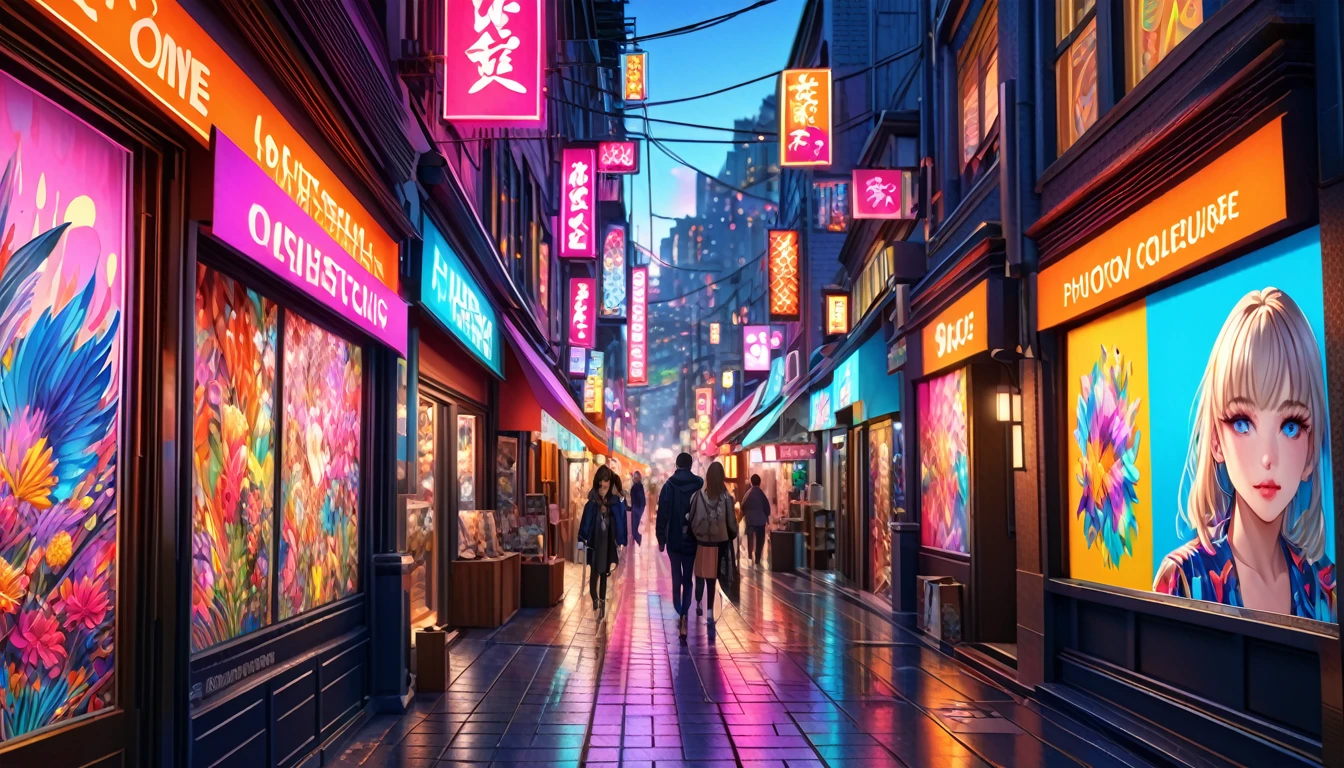 A vibrant anime-style street with many art galleries, beautiful detailed eyes, beautiful detailed lips, extremely detailed eyes and face, long eyelashes, intricate shop displays, colorful neon lights, dynamic perspective, dramatic lighting, vivid colors, (best quality,4k,8k,highres,masterpiece:1.2),ultra-detailed,(realistic,photorealistic,photo-realistic:1.37),studio lighting,ultra-fine painting,sharp focus,physically-based rendering,extreme detail description,professional,vivid colors,bokeh,long shot