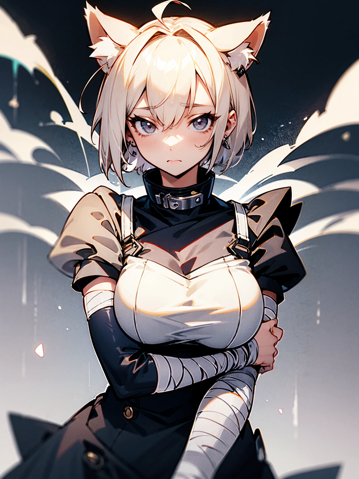 1female, adult, dog ears, cream hair, short hair, earrings, spiked collar, bandages on arms, grey yukata, busty, apathetic expression