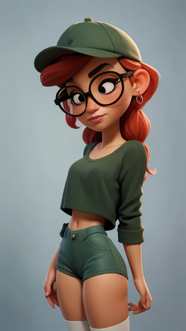 garota redheadwear stilo pixar,(redheadwear, Bullish, slenderbody, thin arms and torso, narrow shoulders, wide hip, big-ass, , big round eyes, freckles, Pointed chin, long and thin face, large nose, pretty, fly away, sexly) (vestimentas, low cut green shirt, short red shorts, big square glasses, long socks) (Sheet, three images from different angles, Anatomically correct)