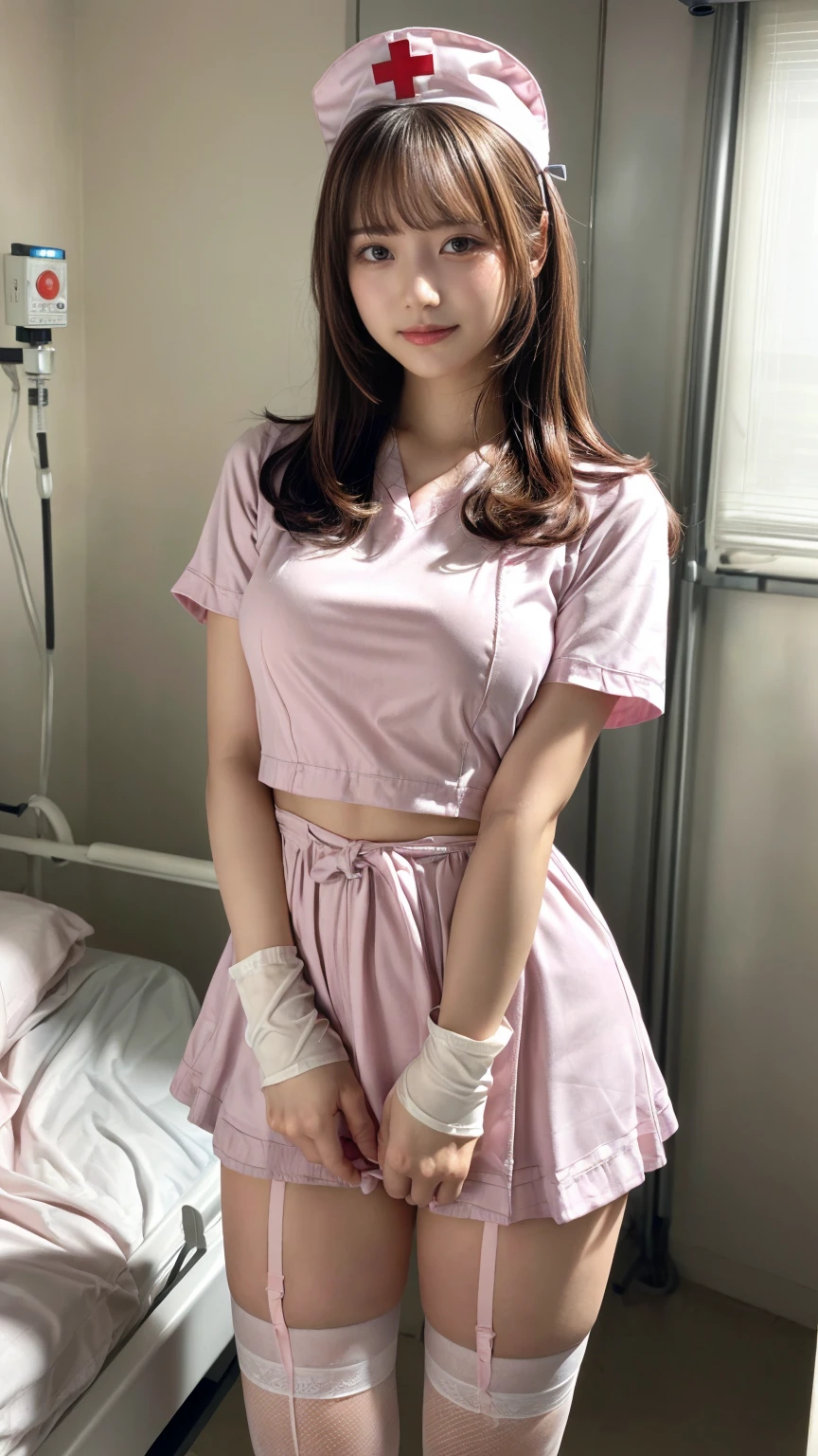 masterpiece, best quality, illustration, Super detailed, fine details, High resolution, 8K,wall paper, perfect dynamic composition,(Details High quality, realistic depiction of eyes:1.3),((nurse cap, short sleeves, light pink nurse wear, ((white legwear, zettai ryouiki)), white gloves)), (beautiful scenery), day time, , ((inside hospital bed-room, modern)), standing, (middle hair:1.1, half up:1.5), blonde hair, Big Natural Color Lip, Large swollen breast, perfect body shape, crying a little、little smile、 Harajuku style、20 year old girl、cute type、ta, hposing Gravure Idol, full body photo、focus on crotch