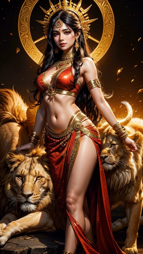 Sexy hot hindu female god golden outfit holding trishul long black hair nearly lion beautiful face HD