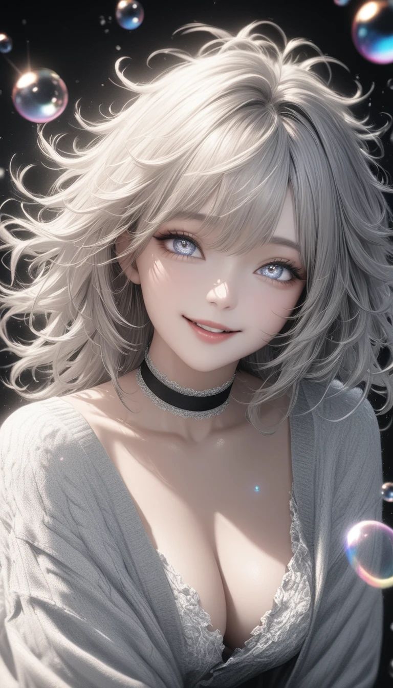 monochrome, no collar, black and white, beautiful woman, amorous and lewd face, smiling, beautiful eyes, make-up, messy hair, great proportion, loose size cardigan, ruffle skirt, choker, (ultra detailed, absolutely resolution, best quality:1.3), 2.5D, delicate and dynamic, shading effects, hyper realistic, artistic photography, glitter effects, foggy effects, iridescent soap bubble effects, graphic CG digital art