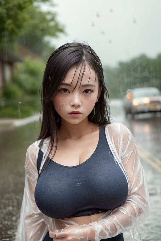 ((Rain-soaked hair))、((Rain-soaked skin))、(She looks boobs)、 ((masterpiece))、(Highest quality) )、(High resolution)、Very detailed RAW カラー写真、Very detailed、Realistic、Realistic、Unbelievably absurd、Very detailed、Sharp focus、Narrow waist, 1 girl, Super cute school girl, Japanese, , Please keep your mouth shut, ((Rainy night:1.6)), (Residential area in the rain, on the road, Blur the background:1.8), (Dark blue uniform), Center of chest, Ultra Sharp, Beautiful and beautiful eyes,, She looks 、 (Wet long-sleeved white shirt), Checkered Pleated Skirt,Cute Hairstyles、 ((Rain-soaked hair)), Troubled face、((Rain-soaked hair))、((Rain-soaked skin))、(She looks boobs)、