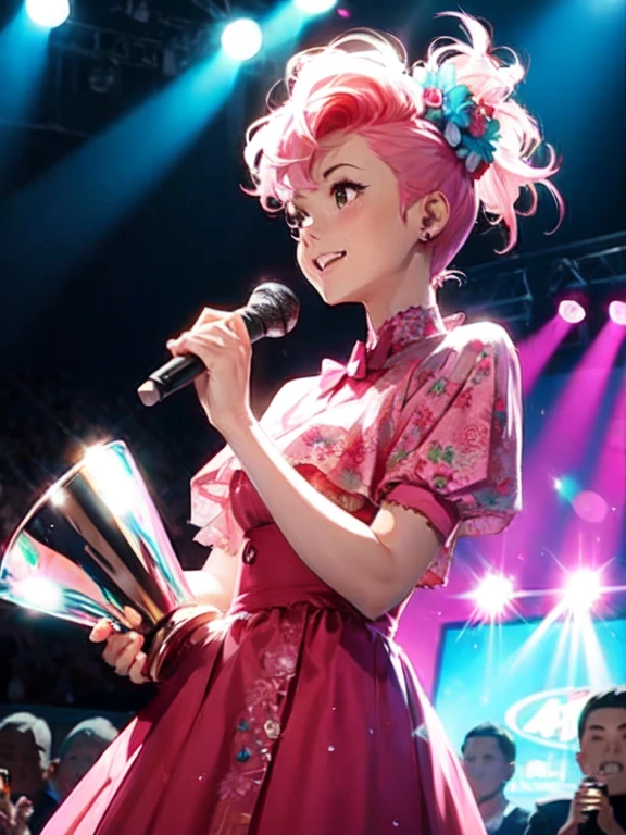 Award-Winning Moment, girl, solo, music, Award, stage, Trophy, illumination, The spectators cheer, Acceptance speech, Stylish outfit, Tears of joy. Mohawk, Side Cropped Hair, Pink Hair, Light blue side hair, Earrings, undercut,