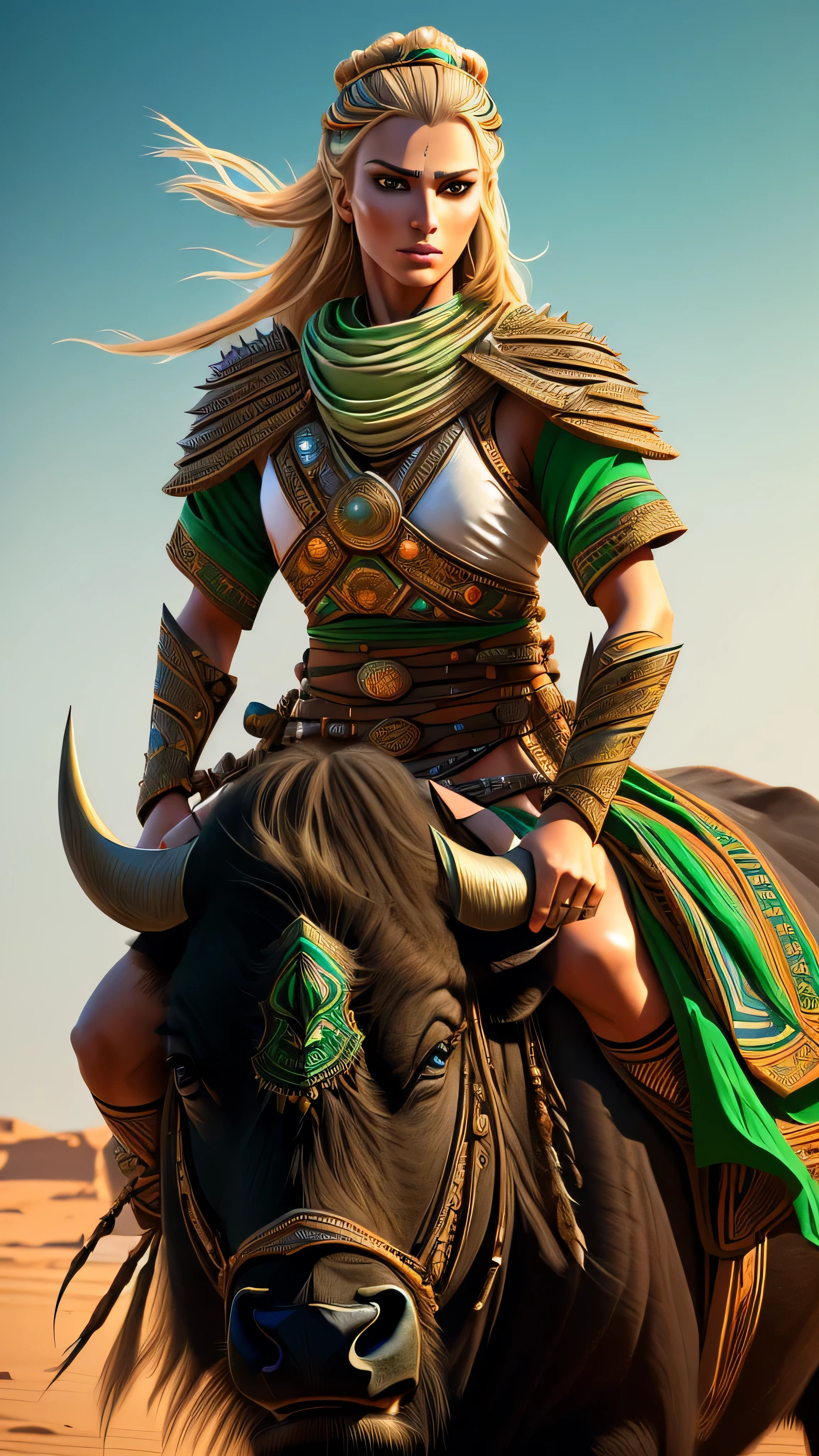 eastern nomad, female, warrior, general, blonde, white thawb, orange patterns, green patterns, (riding on a (big black buffalo)), spikes, spears, (masterpiece, best quality), (green eyes), (hyper realistic:1.6), ((detailed face)), ((award-winning)), (sharp), (8k resolution), (cinematic lighting)