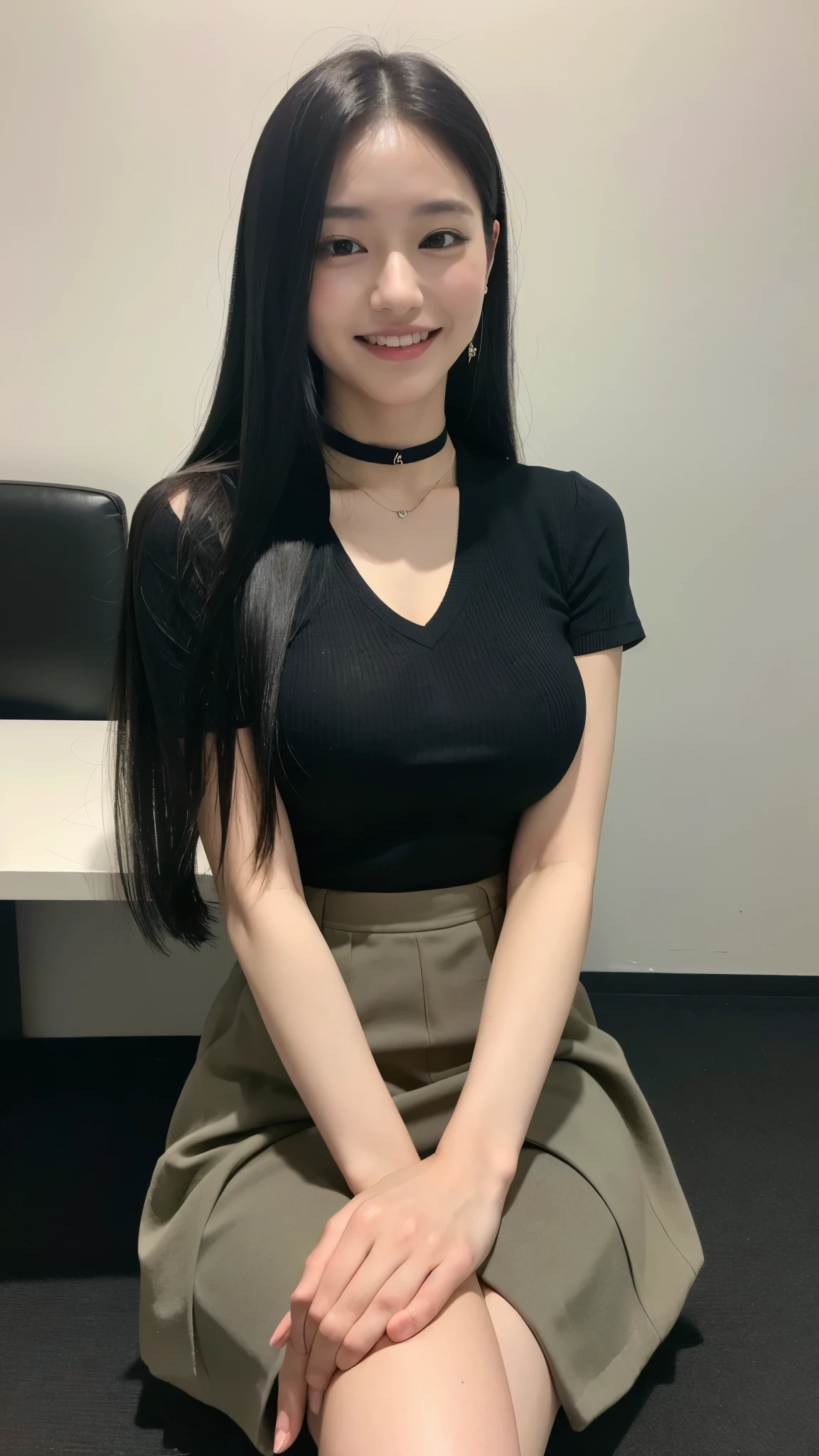(Highest quality, 8k, 32K, masterpiece, Ultra-high resolution:1.2),Beautiful Japanese Women Photos, One Girl,Long Black Hair,smile,shirt.skirt,office,choker,Sitting with legs crossed