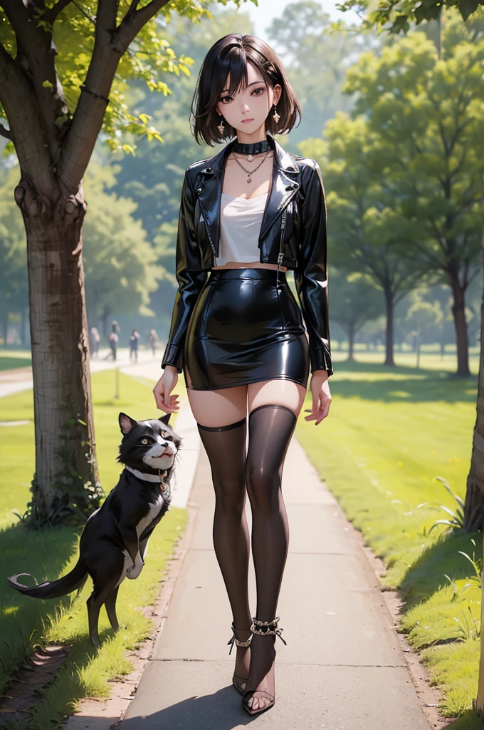 ((Biologically correct limb count))、((Full Body Shot, Full-body photo including face、Head to toe photos))、4K、masterpiece、((Focus on the face))、((Symmetrical facial features))、Eyes of meticulous depiction、One beautiful woman、Excellent style、（(Black latex tights、Latex skirt、Leather jacket、High heels with anklets)）、Detailed Description、Small earrings、necklace、((Walking in the park early in the morning))、Looking up、Close-up photo of the whole body、Panty shot