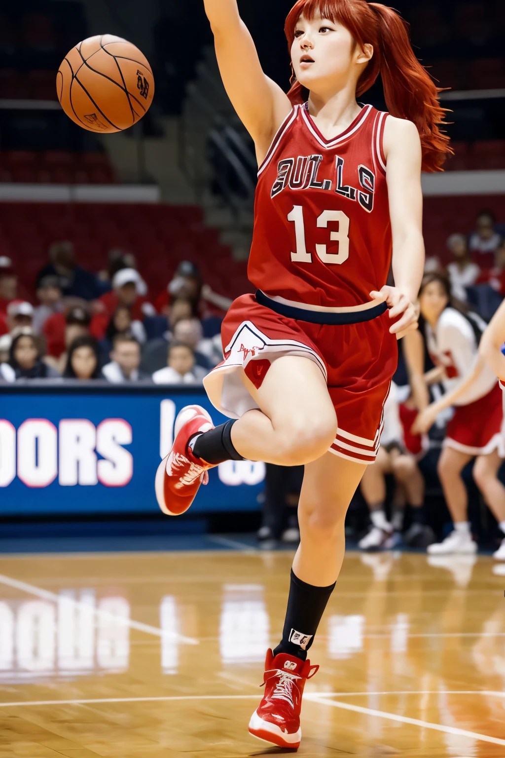 A very cute Japanese high school girl with red hair is playing basketball. She is wearing a red uniform similar to that of the Chicago Bulls. On her feet are a pair of iconic Jordan 1 sneakers. The scene captures her mid-action, perhaps in the midst of a powerful dunk or a swift dribble, with the intensity and energy of the game vividly portrayed.