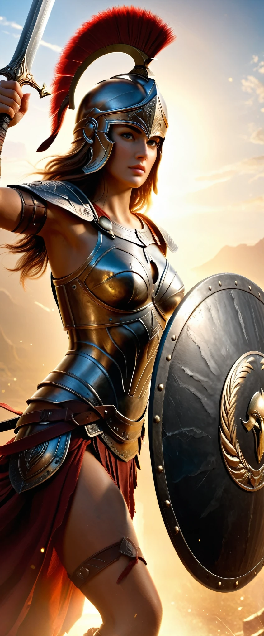 masterpiece,Highest quality,(Highly detailed CG Unity 8k wallpaper),(Highest quality),(Best illustrations),(Best Shadow),Realistic lighting,Beautiful sparkle,(1 female:1.6),Ancient Greeks,(((Spartan female warrior))),(Beautiful Face,Brave face,Beautiful Eyes,Beautiful Hair),(Muscular),Spartan helmet,Spartan Armor,(Holding sword and shield:1.6),(Raise your sword-holding hand high into the air:1.6),(Holding a Spartan shield:1.6),(Sword and shield:1.6),(roar:1.6),(Beautiful Hands:1.6),(Detailed hands:1.6),(((Hand,detailed,perfect,perfection,hands))),(dynamic)