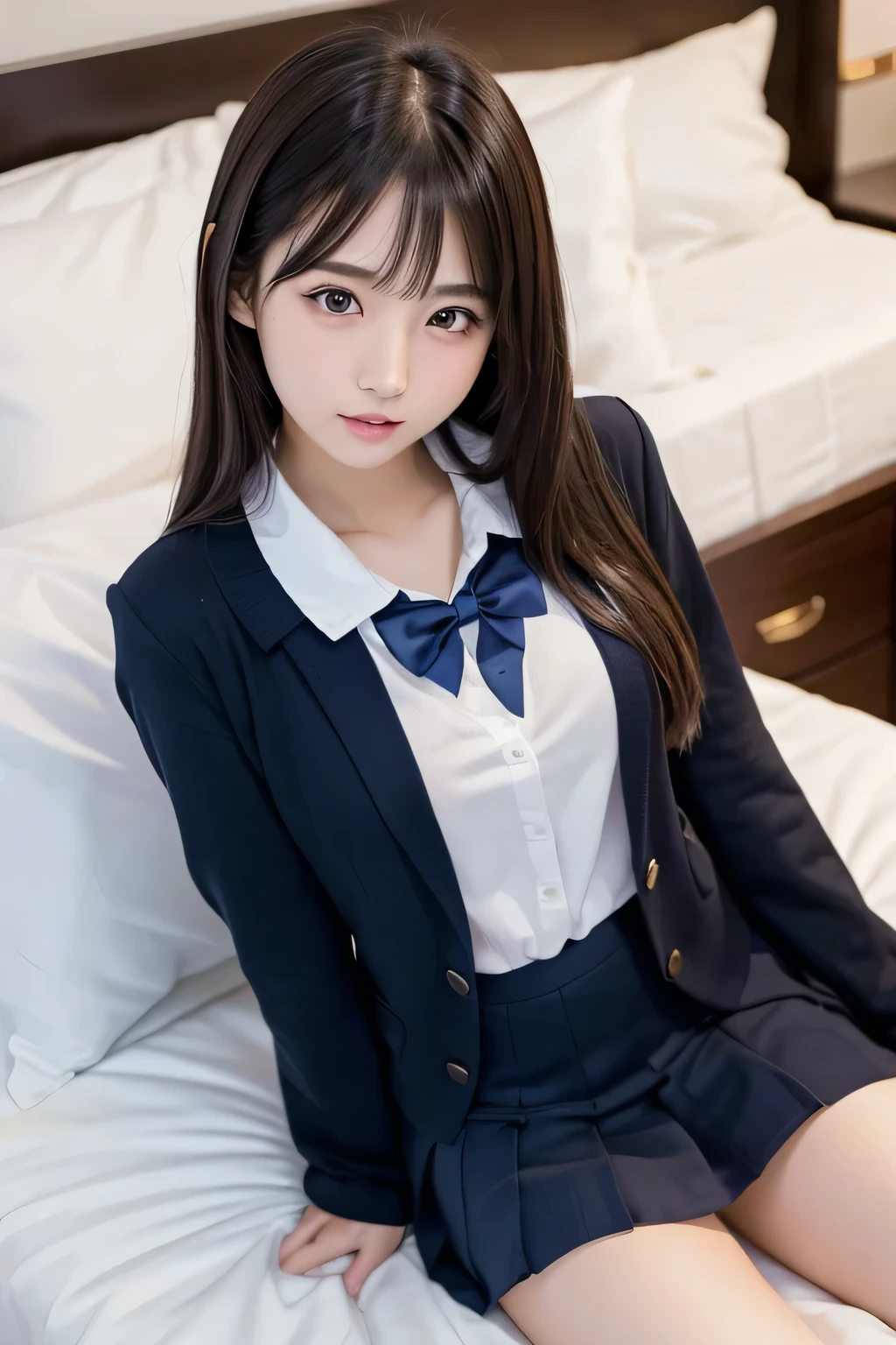 (Cute Japanese Girls), Sexy 18 year old girl, (The cutest faces), Thin chest, Thin thighs, Straight hair, On the bed, (((school uniform))), ((model like sexy pose)), (expression in orgasm), ((lying on)),