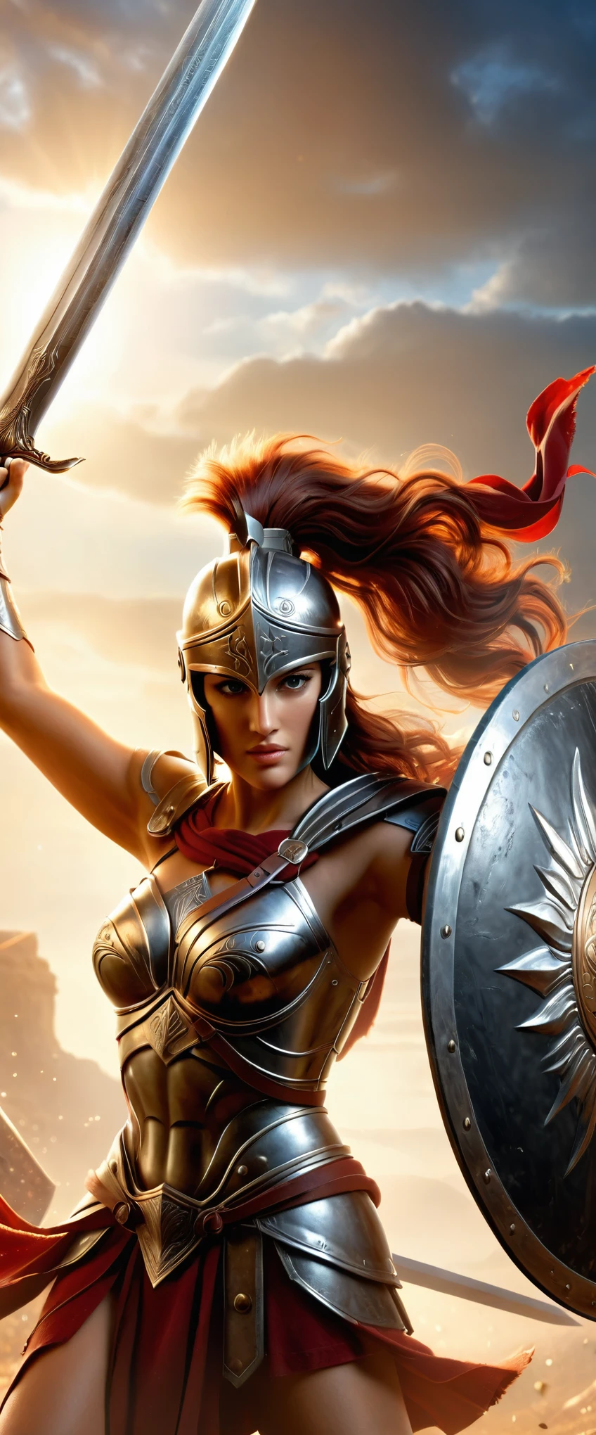 masterpiece,Highest quality,(Highly detailed CG Unity 8k wallpaper),(Highest quality),(Best illustrations),(Best Shadow),Realistic lighting,Beautiful sparkle,(1 female:1.6),Ancient Greeks,(((Spartan female warrior))),(Beautiful Face,Brave face,Beautiful Eyes,Beautiful Hair),(Muscular),Spartan helmet,Spartan Armor,(Holding sword and shield:1.6),(Raise your sword-holding hand high into the air:1.6),(Holding a Spartan shield:1.6),(Sword and shield:1.6),(roar:1.6),(Beautiful Hands:1.6),(Detailed hands:1.6),(((Hand,detailed,perfect,perfection,hands))),(dynamic)