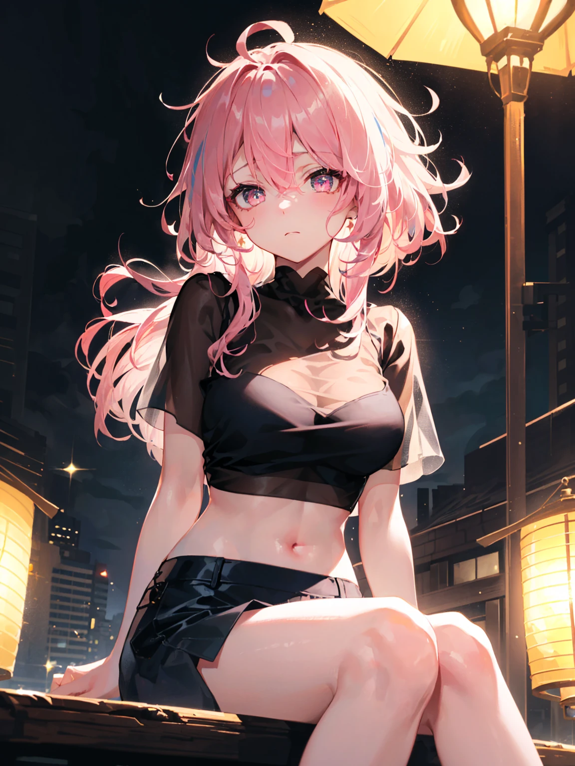 ((masterpiece,best quality, high resolution)), 1girl, solo, pink eyes, pink long hair tied with blue ribbon, blunt bangs, sitting, perfect breasts, round breasts, croptop, fishnet clothing, fish net, (exposed midriff), (translucent summer silk:1.2), (see through:1.4), (see through shirt:1.3), (on street), dramatic light, heavy rain, lanterns, bokeh effect, detailed iris, sparkle eyes, star in eyes, sadness, sad eyes, soulful pink eyes, (multicolored eyes), (shining dust), (pink hair:1.3), (messy hair:1.3), (hair between eyes), (hair over one eye:1.2), (wavy hair:1.1)