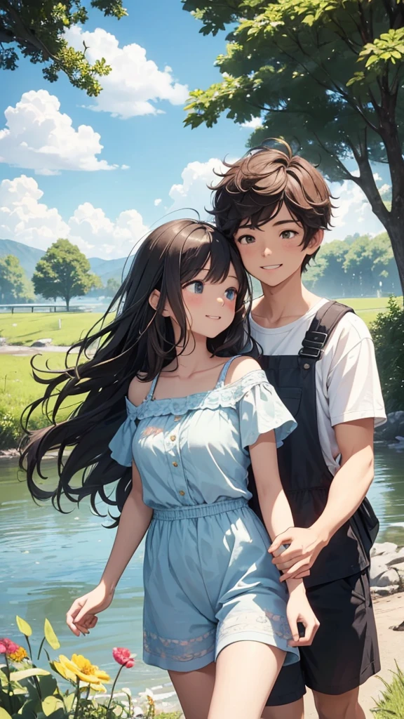 ((best quality)), ((masterpiece)), (detailed), perfect face,Create a charming, heartwarming scene of a cute girl and a cute boy walking hand-in-hand along a riverbank. The girl has long, wavy hair and is wearing a light, summery dress, while the boy has short, tousled hair and is dressed in a casual t-shirt and shorts. They are smiling and looking at each other affectionately. The river beside them is calm and clear, reflecting the blue sky above. The riverbank is lush with green grass, wildflowers, and a few scattered trees providing dappled shade. In the background, there are gentle hills and a bright, sunny sky with a few fluffy clouds. The overall mood of the image should be one of youthful joy, love, and the simple pleasures of a beautiful day outdoors.