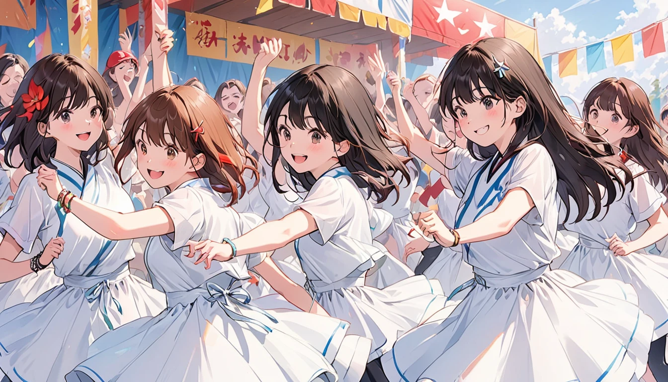 A few cute girls,Girl Band,Dancing while playing ska,Brown Hair,Black Hair,smile,Festival