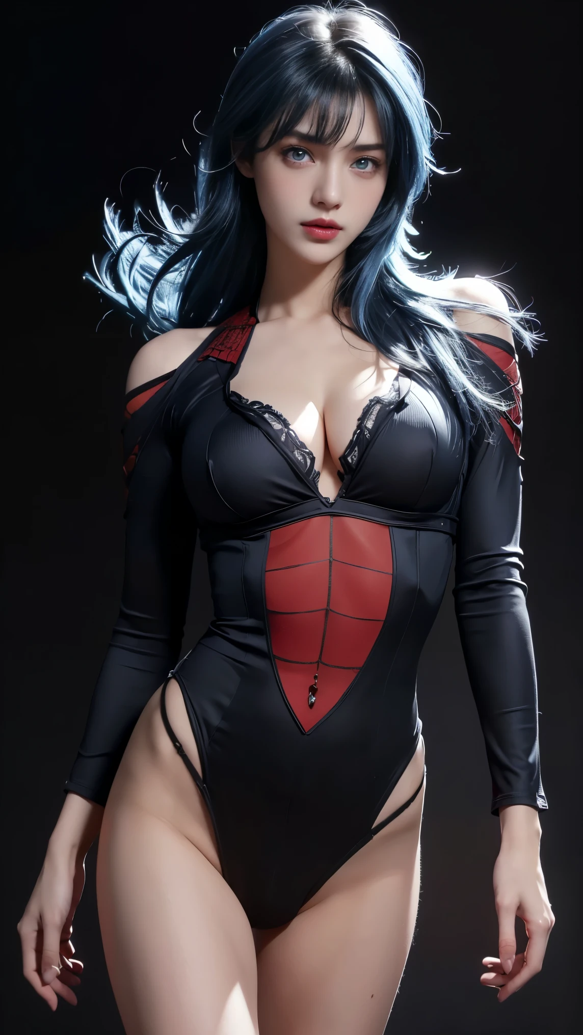 8K, Top Quality, Intricate Details, Ultra Detail, Ultra High Resolution, Masterpiece, close up shot, (full body: 1.1), Slender, Smile, (Makeup: 0.4), ,(( blue hair, bangs, short hair, blue eyes, bangs)), (Fluffy Eyes: 1.21), (()), 1girl, solo, 1 girl, (()), close up shot, , ((tall)), (((fit body))), (((slim face))), sharp face, (( ,((,wind blow hair)), , , black spiderman suit,)) , show belly, )) ,(detailed face), sharp face, small lips, , ,((, cleavage, crotch, )) ,, ,
((,no bra, braless )), , ((walk pose, walking pose )), detailed face, detailed breast, detailed nipple ,large breast ,huge breast, detail nipples ,, Narrow Waist, Skinny, tall , 190 cm tall, Muscular, Navel, Exposed Abdomen, Pointed Chest,, Beautiful girl with accentuated slender abs: 1.4, Six Pack Abs: 1.4, , Perfect Body, detail legs, (( dark background)), black background,
