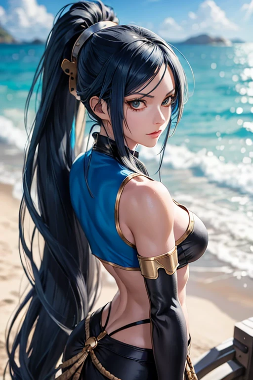 (full-length portrait),(pirate costume),a close up of a woman with a very long hair,(high ponytail), (blue color hair) ,near the ocean, detailed digital anime art, photorealistic anime girl render, extremely detailed artgerm, ig model artgerm, realistic anime 3 d style, realistic anime artstyle, artgerm. high detail, anime style 4 k, nico robin