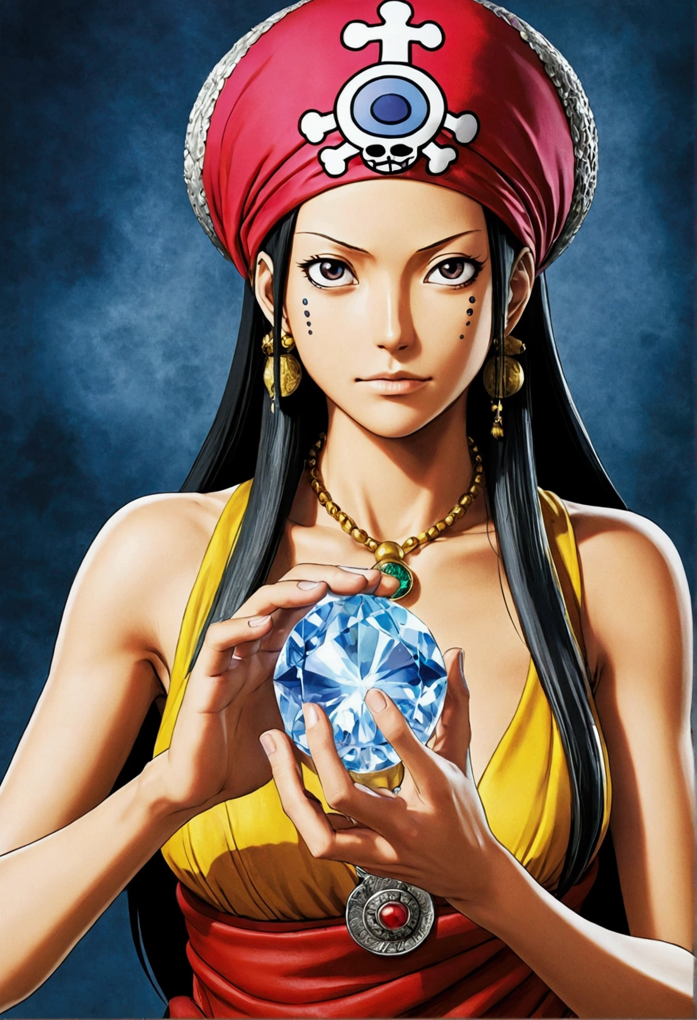 Boa Hancock from the manga One Piece、Hold a large, round crystal in front of your chest with both hands.、The appearance of a fortune teller、Upper body angle