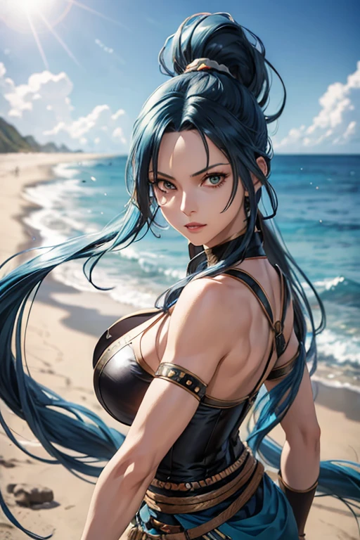 (full-length portrait),(pirate costume),a close up of a woman with a very long hair,(high ponytail), (blue color hair) ,near the ocean, detailed digital anime art, photorealistic anime girl render, extremely detailed artgerm, ig model artgerm, realistic anime 3 d style, realistic anime artstyle, artgerm. high detail, anime style 4 k, nico robin