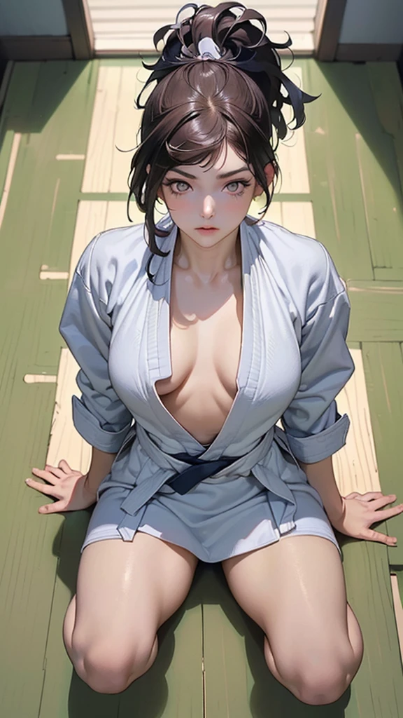 Anatomically correct, high resolution, best quality, ((Most beautiful woman ever, delicate eyes, best quality eyes, beautiful eyes, big eyes))(Brown hair, shiny hair, beautiful hair, ponytail), (((Judo uniform, wearing judo uniform but with open chest: 1.3)))), ((Beautiful chest, slim waist, sitting on the floor with legs straight apart)) Diagonal composition from above ((Bright judo hall))