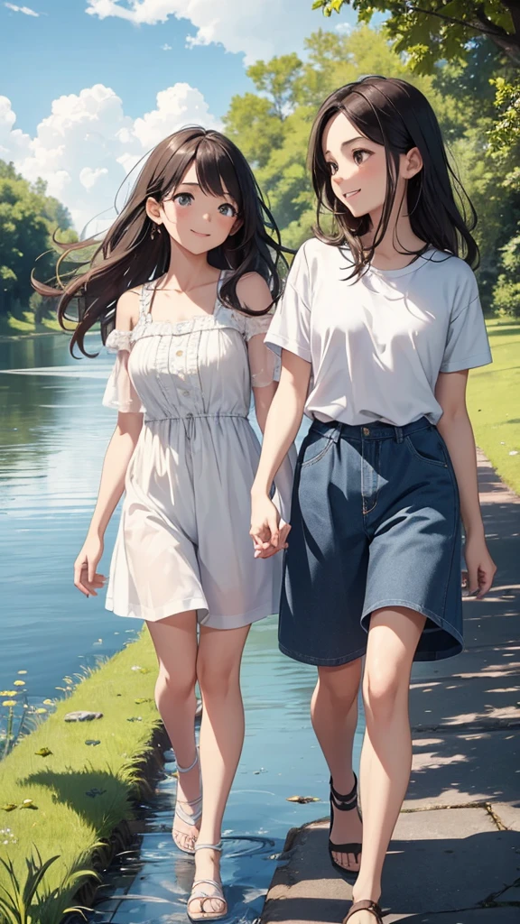 ((best quality)), ((masterpiece)), (detailed), perfect face,Create a charming, heartwarming scene of a cute girl and a cute boy walking hand-in-hand along a riverbank. The girl has long, wavy hair and is wearing a light, summery dress, while the boy has short, tousled hair and is dressed in a casual t-shirt and shorts. They are smiling and looking at each other affectionately. The river beside them is calm and clear, reflecting the blue sky above. The riverbank is lush with green grass, wildflowers, and a few scattered trees providing dappled shade. In the background, there are gentle hills and a bright, sunny sky with a few fluffy clouds. The overall mood of the image should be one of youthful joy, love, and the simple pleasures of a beautiful day outdoors.
