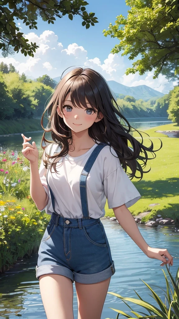 ((best quality)), ((masterpiece)), (detailed), perfect face,Create a charming, heartwarming scene of a cute girl and a cute boy walking hand-in-hand along a riverbank. The girl has long, wavy hair and is wearing a light, summery dress, while the boy has short, tousled hair and is dressed in a casual t-shirt and shorts. They are smiling and looking at each other affectionately. The river beside them is calm and clear, reflecting the blue sky above. The riverbank is lush with green grass, wildflowers, and a few scattered trees providing dappled shade. In the background, there are gentle hills and a bright, sunny sky with a few fluffy clouds. The overall mood of the image should be one of youthful joy, love, and the simple pleasures of a beautiful day outdoors.