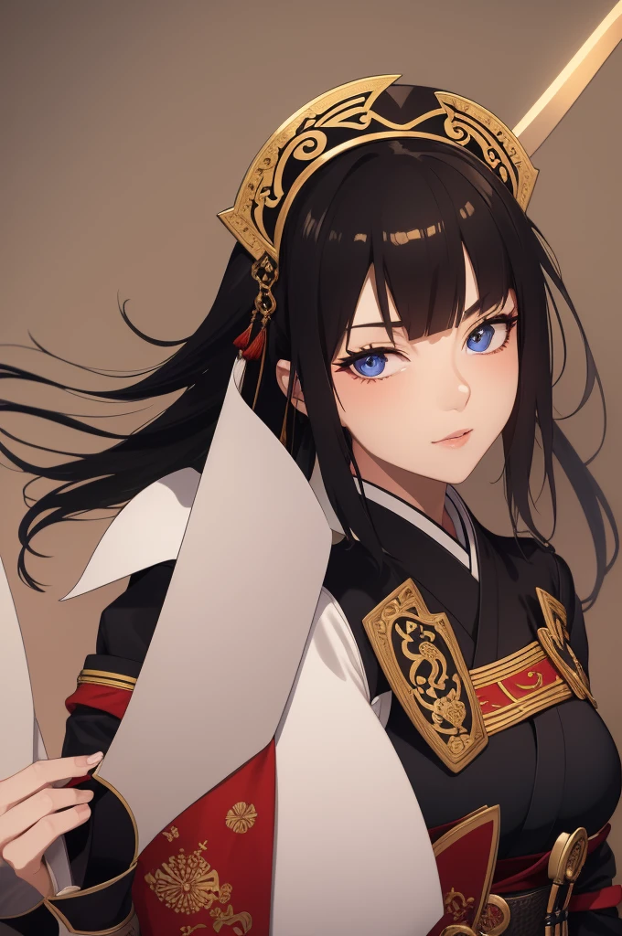Fantasy RPG character, 26-year-old woman, samurai, sword, Japanese clothing,black hair, ((anime)), ((best qualtiy, 8K, tmasterpiece:1.3)), Focus:1.2, perfect figure beautiful woman:1.4, 1woman, cowboy shot, look at viewer, eyes facing the camera, incredibly absurd, beautiful and cute woman, showcasing top-quality craftsmanship, cute, neat,pretty