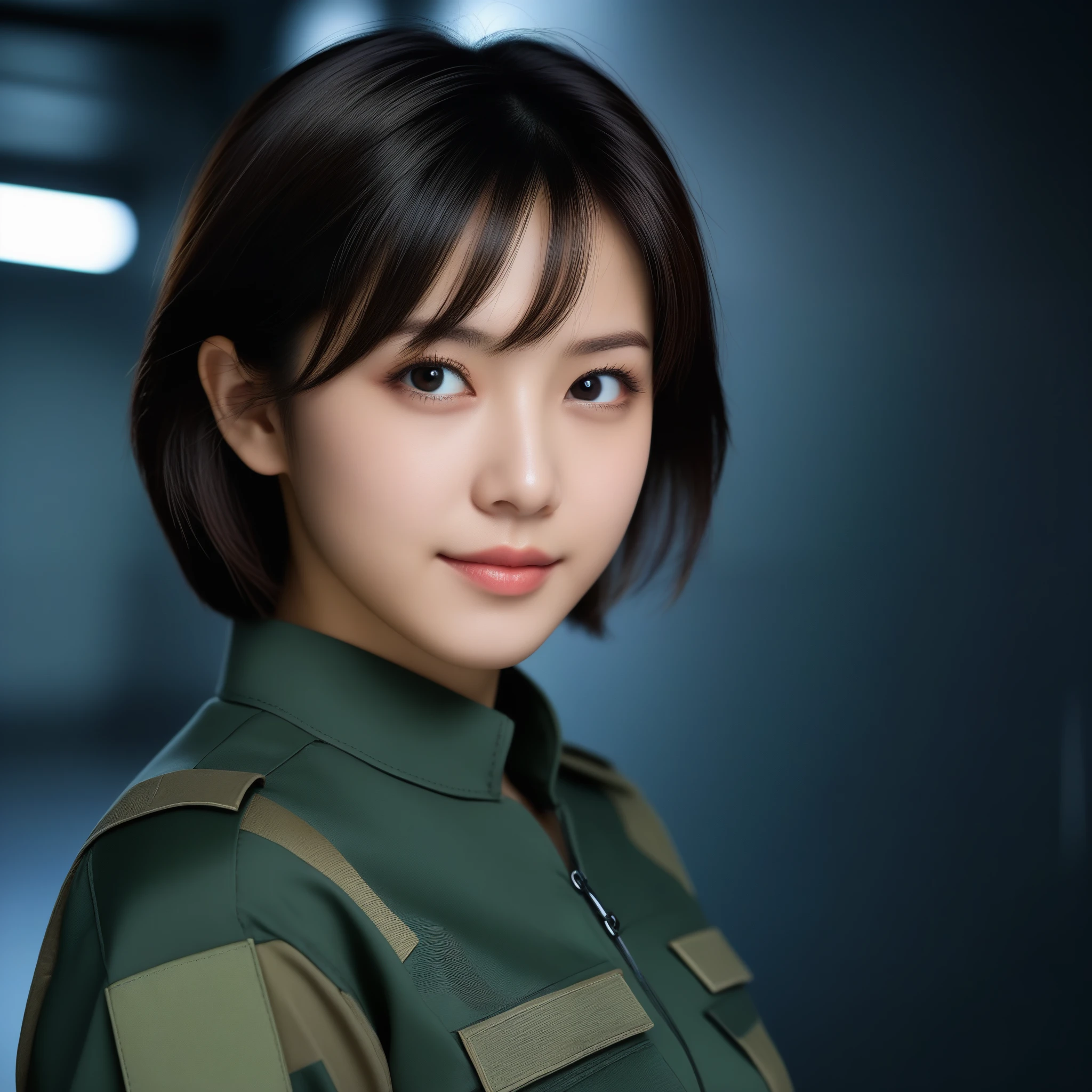 8k, Ultra-high resolution, Highest quality, masterpiece, 三分割法によるphotograph,Surreal, photograph, 1 Girl, (:1.3), pretty girl, Cute Face, Beautiful eyes in every detail, 細かくdetailedに,masterpiece,One Girl:1.2,Japan Female Teachers,extream close up,light smile,Black short hair,Bob with bangs,The World of Metal Gear Solid,(印象派の美しい少女のPortraiture),(Impressionist light and colour), (next generation special forces:1.3),(Warrior,Camouflage,Beautiful dark eyes, So cute and beautiful,16 years old0.8),Sharp contours,Looking down, (High-tech special forces), ((Nuclear aircraft carrier)),indoor, Light from above, Low contrast, (Side view),, Perfect and beautiful face ,完璧でCute Face, Skin with attention to detail, Perfect limbs、Narrow waist,Looking at the audience,(((Ideal body type))),A cup small breasts :2,Portraiture:2,Perfect Anatomy,鮮明なdetailed,detailed,Surreal,Light and shadow,glowing