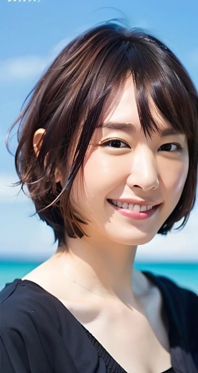 Highest quality, masterpiece, Ultra-high resolution, (Realistic:1.4), RAW Photos, One Girl, Beautiful Japanese Woman, Beautiful Skin, Black Hair:1.7, gakki, ((short hair:1.5)), 30 years old, Smile happily:1.2, Beach, Tropical Swimwear