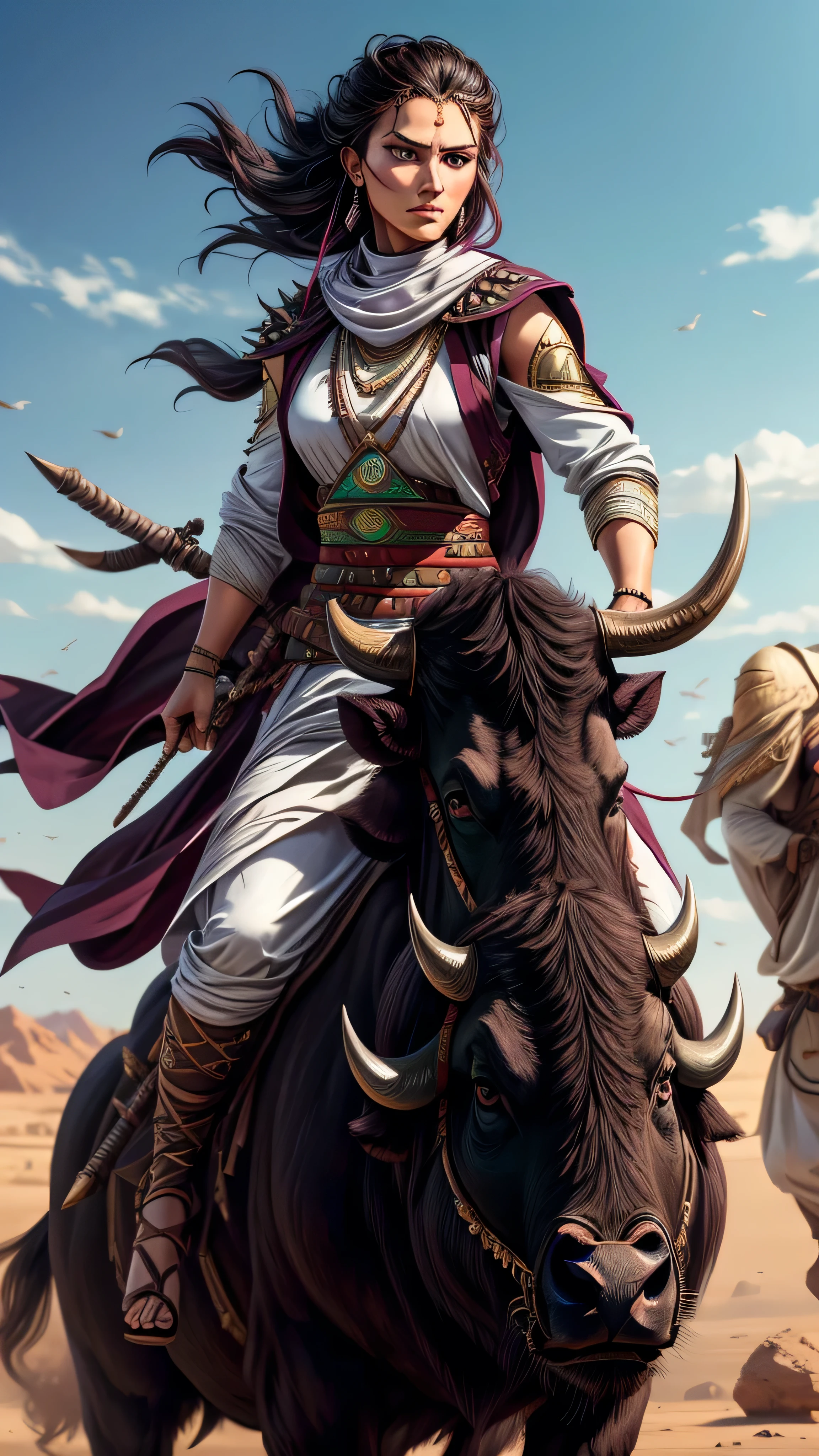 eastern nomad, female, warrior, general, black hair, white thawb, maroon vest, (riding on a (big black buffalo)), spikes, spears, (masterpiece, best quality), (green eyes), (hyper realistic:1.6), ((detailed face)), ((award-winning)), (sharp), (8k resolution), (cinematic lighting)