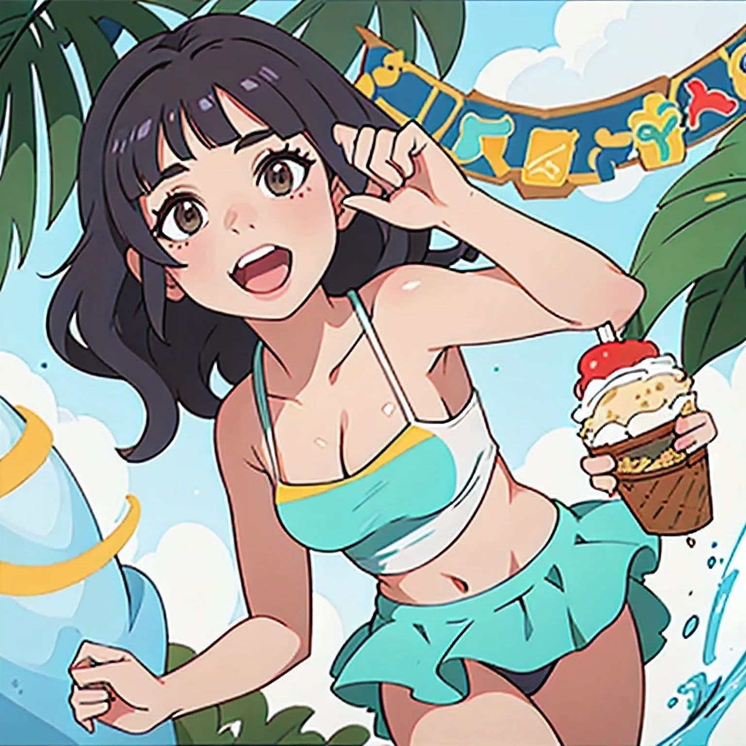 girl in a bikini eating an ice cream cone, eating ice cream, in a bikini, angela white, giorgia meloni, katy perry, in bikini, eating ice - cream, wearing spandex bikini, ice cream on the side, bikini, ice cream, wearing a bikini, candid photo of dirty, shiny plastic bikini, candid shot, cone, 1 girl, solo,in a green dress standing by a wall,portrait of female idol