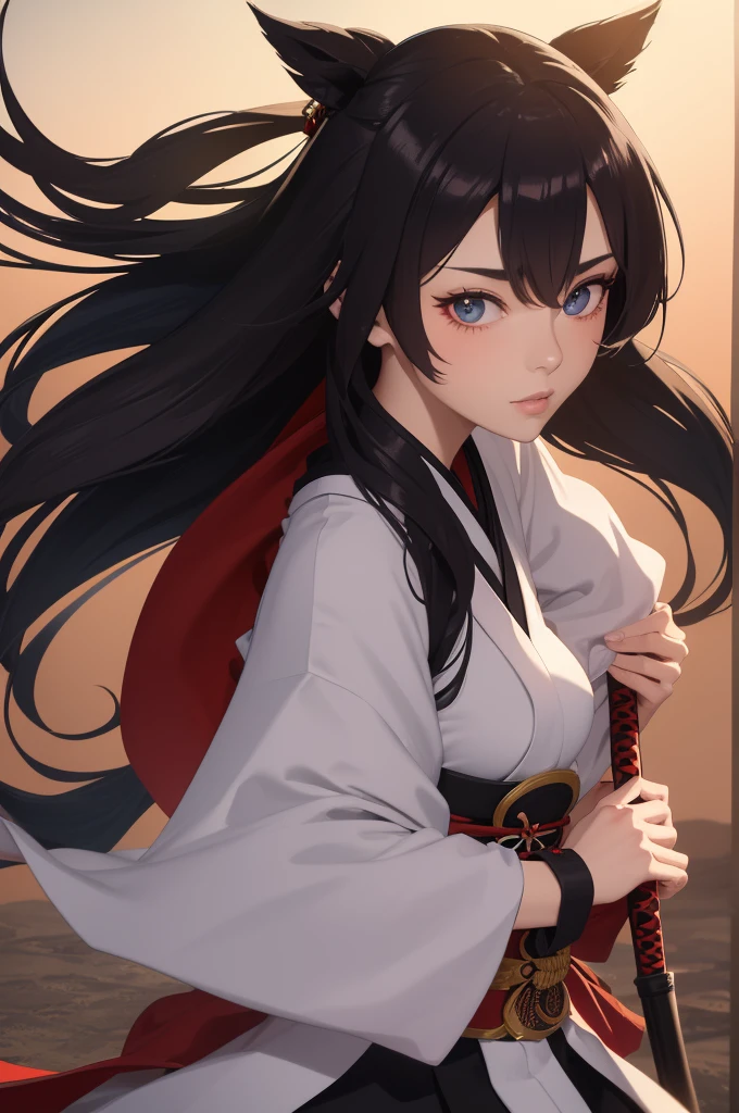 Fantasy RPG character, 26-year-old woman, samurai, Japanese Katana, Japanese clothing,black hair, ((anime)), ((best qualtiy, 8K, tmasterpiece:1.3)), Focus:1.2, perfect figure beautiful woman:1.4, 1woman, cowboy shot, look at viewer, eyes facing the camera, incredibly absurd, beautiful and cute woman, showcasing top-quality craftsmanship, cute, neat,pretty