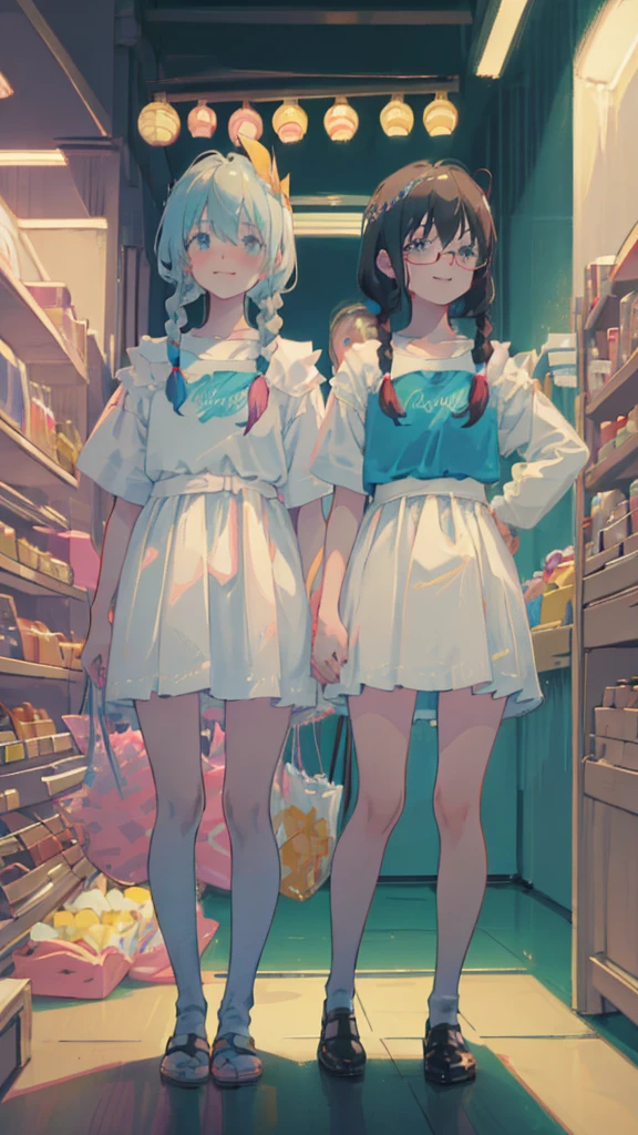 (Complete limbs)(Full Finger)(High resolution), (Very detailed)((masterpiece))((Highest quality))、pretty girl、blush、Flat Chest、Are thin、Glasses、blush、Are standing、Eye level on face、、No background、Green Eyes、smile(Black Hair)Even your feet are visible、The whole body enters、、Chifuyu Hanakuma、Front view、messy hair、Ahoge、twin braids