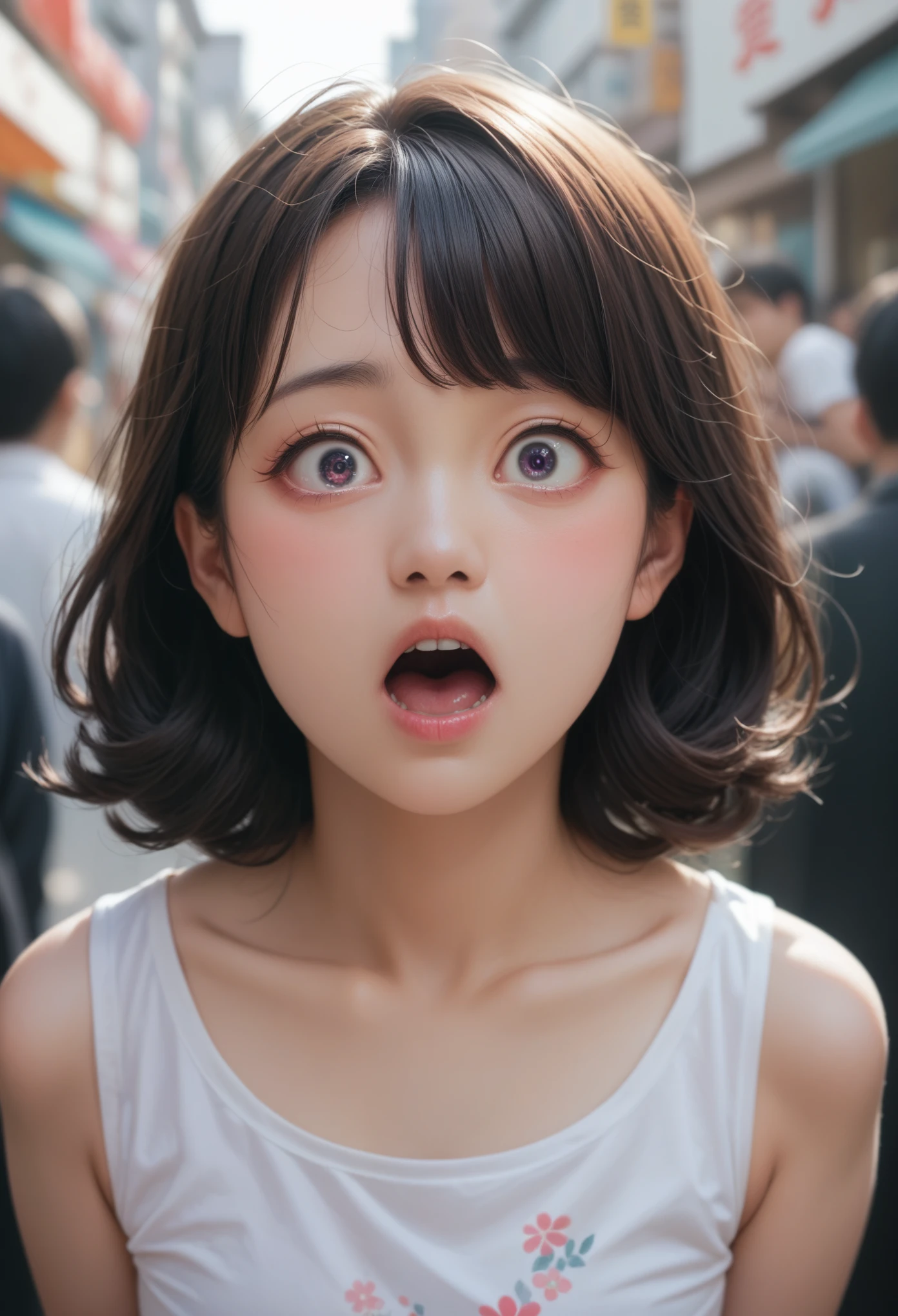 shocked  18 year old girl showing surprised, detailed eye, japan idol, korean idol