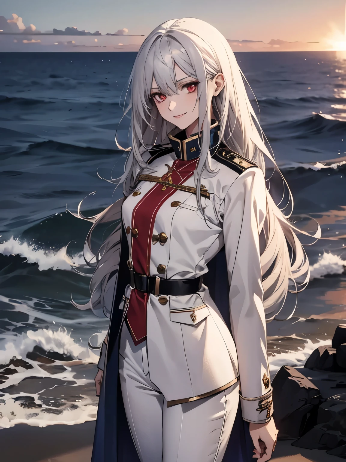 (Confused, High resolution, Very detailed), 1 female, Silver Hair,Super Long Hair,Bright red eyes,White and blue military uniform,24th generation,beauty,mature,thin,quiet,Calm,A small smile,A kind smile,In front of people you like,Long coat,Slender and thin,boots,skinny pants,Sea at dawn,Small breasts,