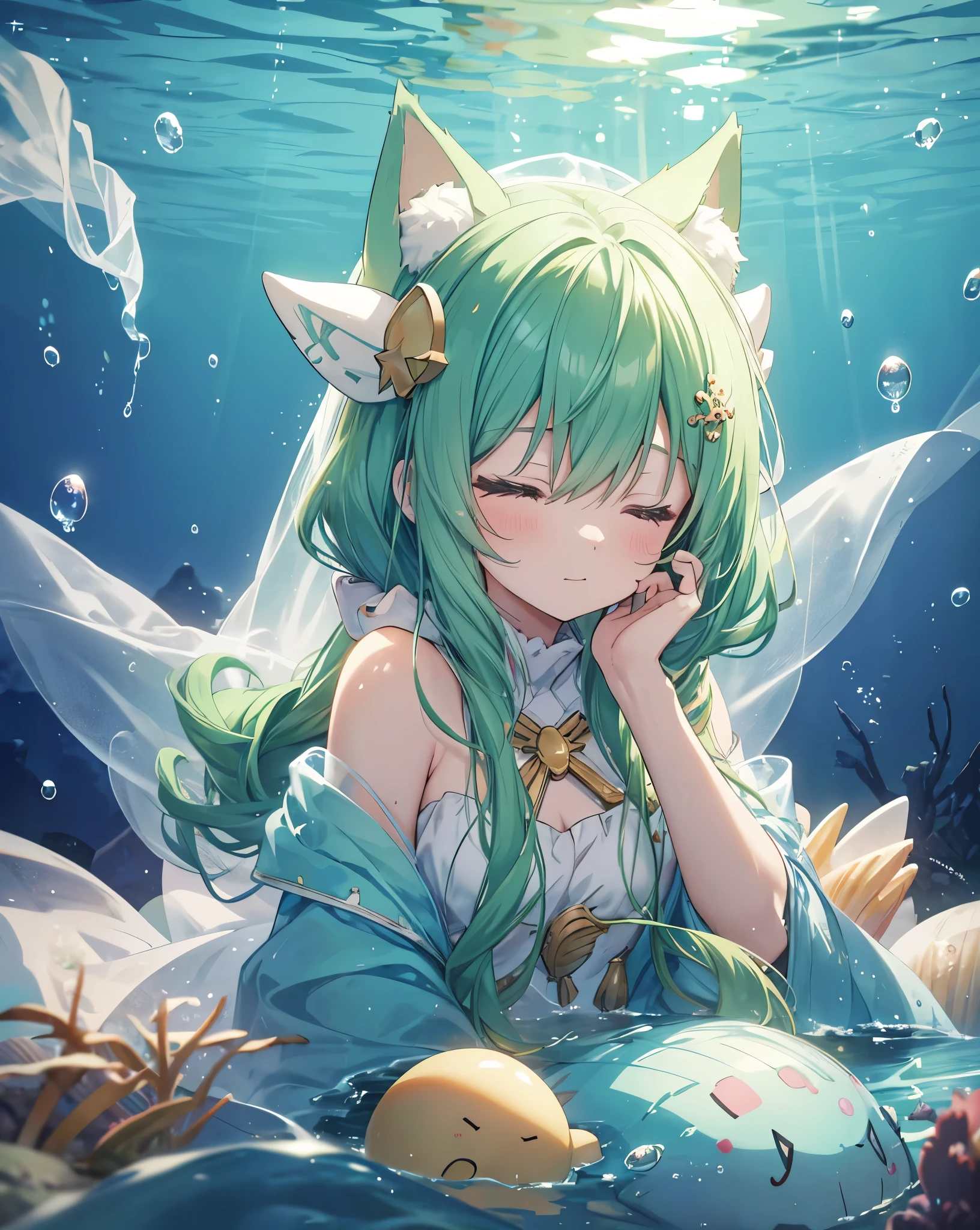 1girl, neko ears, green hair, closed eyes, living in a bubble under the sea. she's happy. Anime Scenery underwater. She is wearing Shells and a veil, she is sleeping inside a water bubble. Cute.
