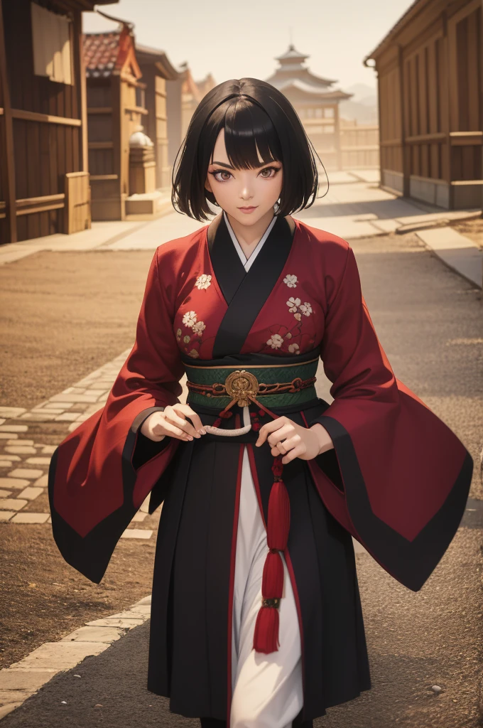 Fantasy RPG character, 26-year-old woman, samurai, Japanese Katana, Japanese clothing,black hair, ((anime)), ((best qualtiy, 8K, tmasterpiece:1.3)), Focus:1.2, perfect figure beautiful woman:1.4, 1woman, cowboy shot, look at viewer, eyes facing the camera, incredibly absurd, beautiful and cute woman, showcasing top-quality craftsmanship, cute, neat,pretty