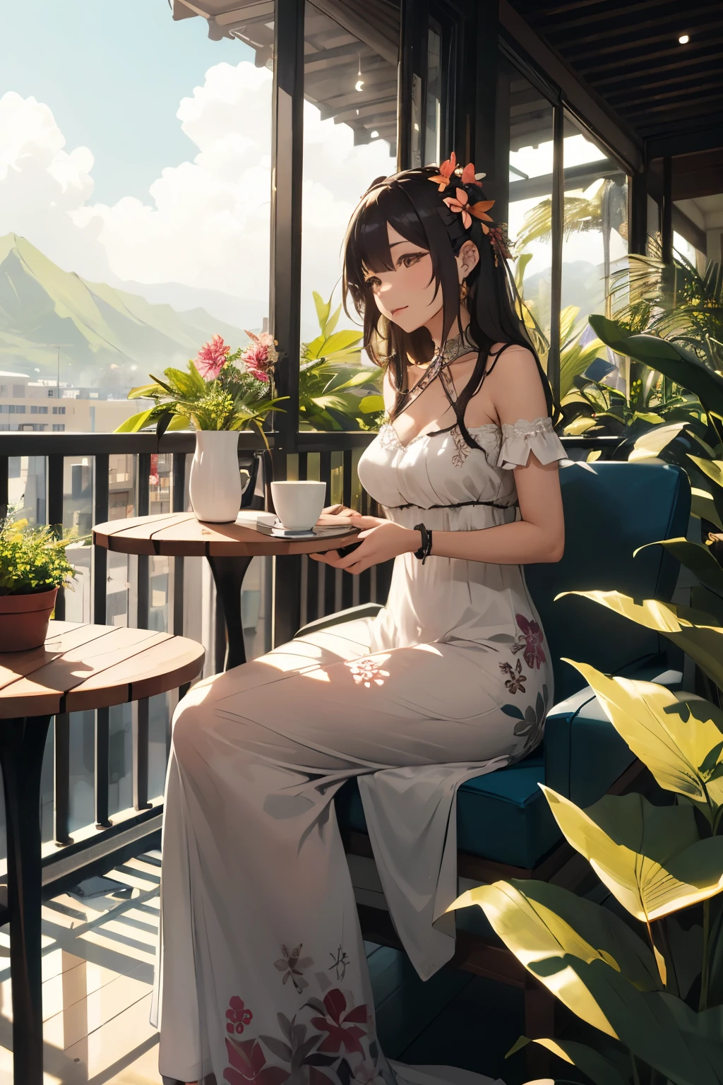 A women wearing long dress(flower motif) sitting and dringking coffee in the balcony that belongs to a Hawaiian beauty, tropical plants, mood is warm, tropical, sensitive, soothing, artistry, happiness, caressing, emoting.