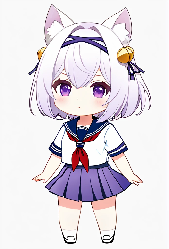master piece, best quality, high resolution / hires, ultra-detailed, illustration, from front, (chibi character:1.2), (1woman:1.2),FilianSailor, purple eyes, tail, short hair, hairclip,(hairband), (hair bell) , serafuku, red neckerchief, blue skirt, ((simple white background)),